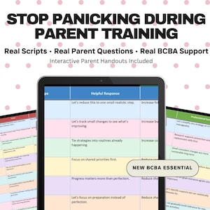 May include: A digital tablet displays a colorful chart with text, including "Helpful Response" and "New BCBA Essential." The image promotes parent training with real scripts, questions, and BCBA support. The background has pink polka dots.