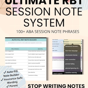 Puede incluir: Anuncio de un sistema de notas de sesión RBT. La imagen presenta el texto "ULTIMATE RBT SESSION NOTE SYSTEM" y "100+ ABA SESSION NOTE PHRASES". También destaca características como autocompletar, redacción segura para el seguro y una hoja de cálculo para TDAH.