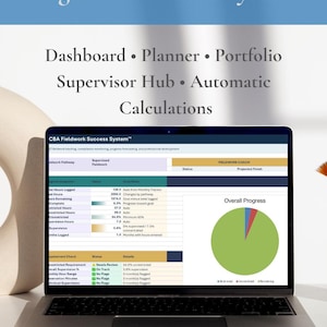 May include: A laptop screen displaying the CBA Fieldwork Success System digital Excel workbook. The interface shows a progress dashboard with tables, a pie chart, and text headers including Your Entire BCBA Fieldwork Organized in One System.