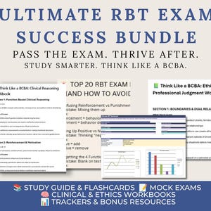 Puede incluir: El paquete Ultimate RBT Exam Success incluye guías de estudio, tarjetas didácticas, exámenes de práctica, cuadernos de trabajo clínicos y éticos, y rastreadores. Los documentos muestran texto como Think Like a BCBA: Clinical Reasoning Workbook.