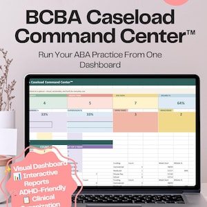 May include: A laptop displaying a BCBA Caseload Command Center dashboard with colorful data tables, charts, and task lists. Text includes "Instant Download," "BCBA Caseload Command Center," "Run Your ABA Practice From One Dashboard," and "Visual Dashboard, Interactive Reports, ADHD-Friendly, Clinical Organization."