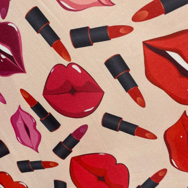 New!! Lips and lipstick print on great quality nylon spandex four-way stretch fabric sold by the yard