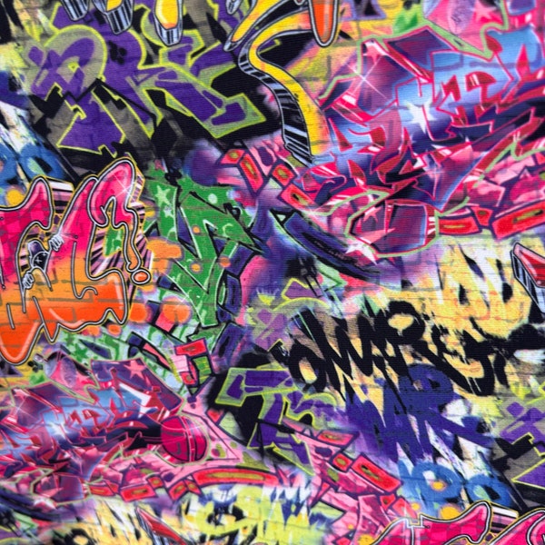 Graffiti print on great quality nylon spandex four way stretch fabric sold by the yard