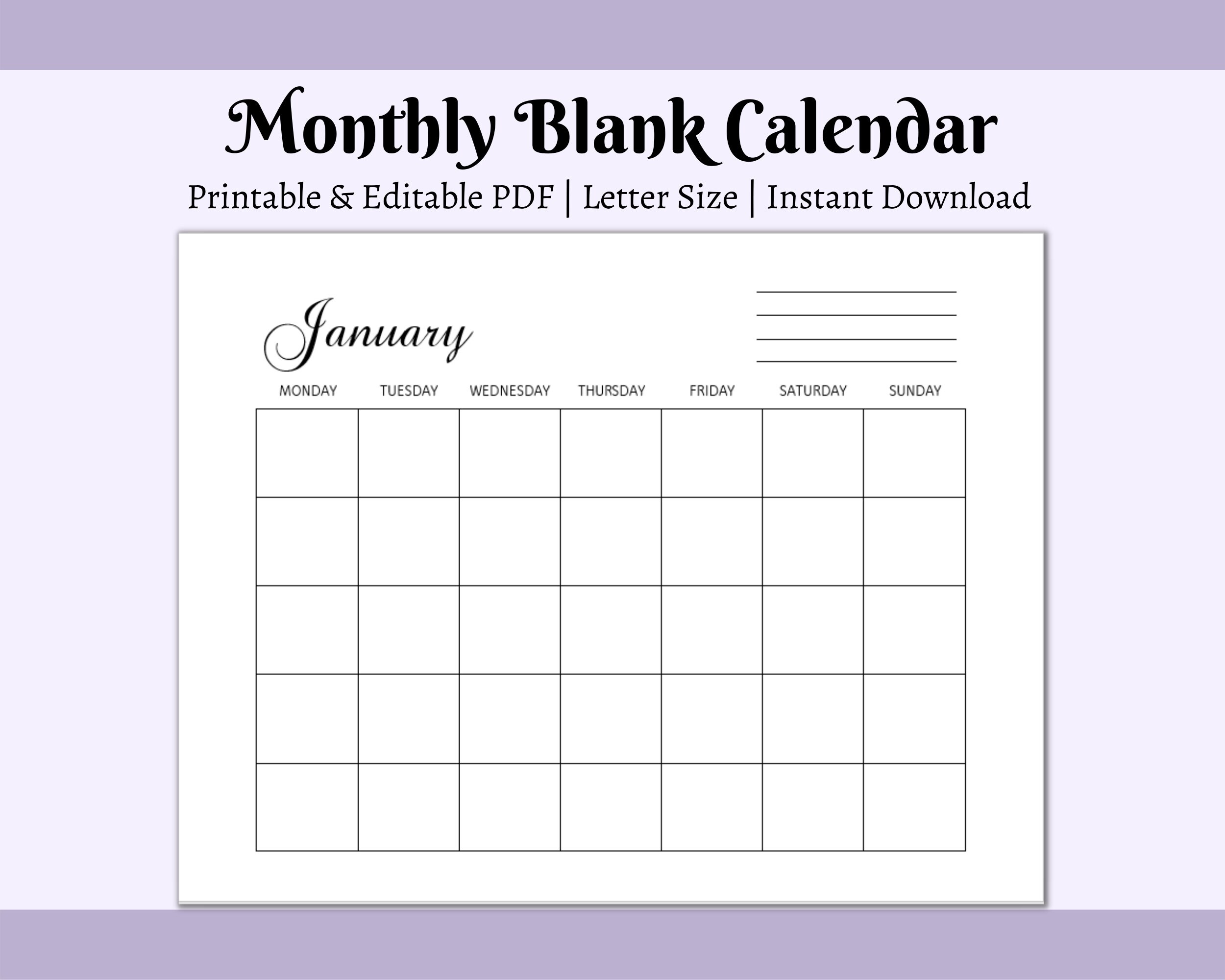 blank monthly calendar calendar template printable etsy