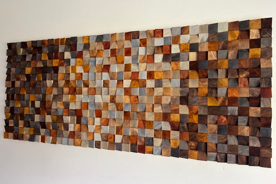 Wood wall , Wooden sculpture, cube  for living room decor, Geometric wooden