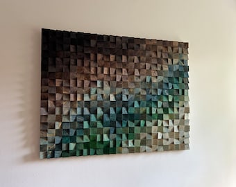 Reclaimed Wood Mosaic Wall Art: Ombre Sound Diffuser (47x35 Inches)