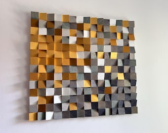 Reclaimed Wood Wall Art Sculpture: Gray & Gold Mosaic, Custom Home Decor (75cm x 70cm)