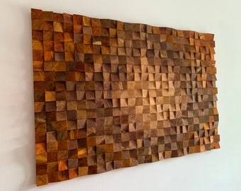 Large Wood Wall Art, Rustic Mosaic Decor, 3D Living Room Piece
