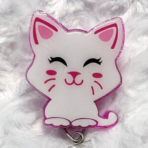 White Kitty Glittered Retractable Badge Reel Teacher ID Clip Key Card Pull