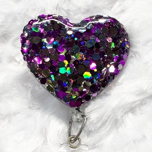 Paarse en zilveren holografische glitterhart intrekbare badge reel leraar ID clip key card pull