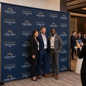 May include: A large dark blue step and repeat banner featuring a repeating gold logo for Summit Ridge Consulting and the text Elevate Leadership Summit 2024. The banner is mounted on a black metal frame and serves as a backdrop for event photography.