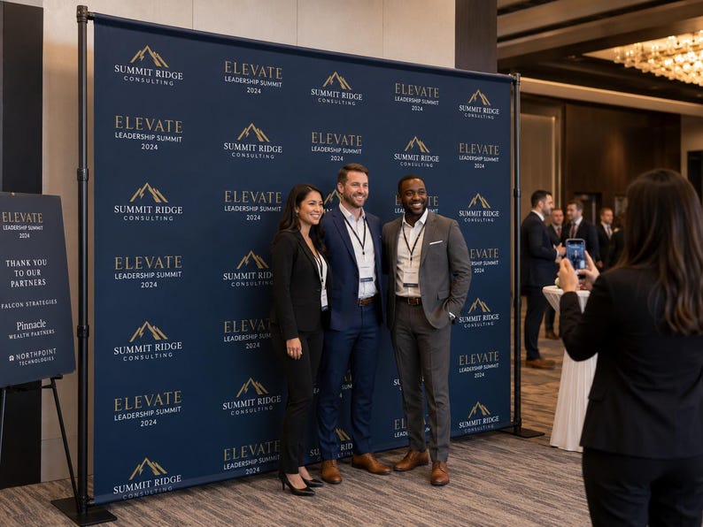 May include: A large dark blue step and repeat banner featuring a repeating gold logo for Summit Ridge Consulting and the text Elevate Leadership Summit 2024. The banner is mounted on a black metal frame and serves as a backdrop for event photography.