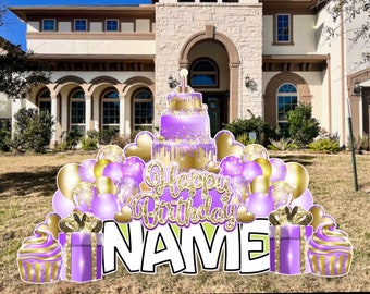 Happy Birthday Yard Sign: Lavender and Gold Party Lawn Decorations, Happy Birthday Party Props, Happy Birthday Light Purple & Gold Lawn Sign