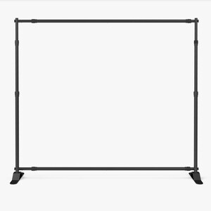 May include: A black adjustable backdrop stand featuring a rectangular frame design. The structure consists of two vertical poles with telescopic sections and two horizontal crossbars, all supported by two flat, wide, black metal base feet.