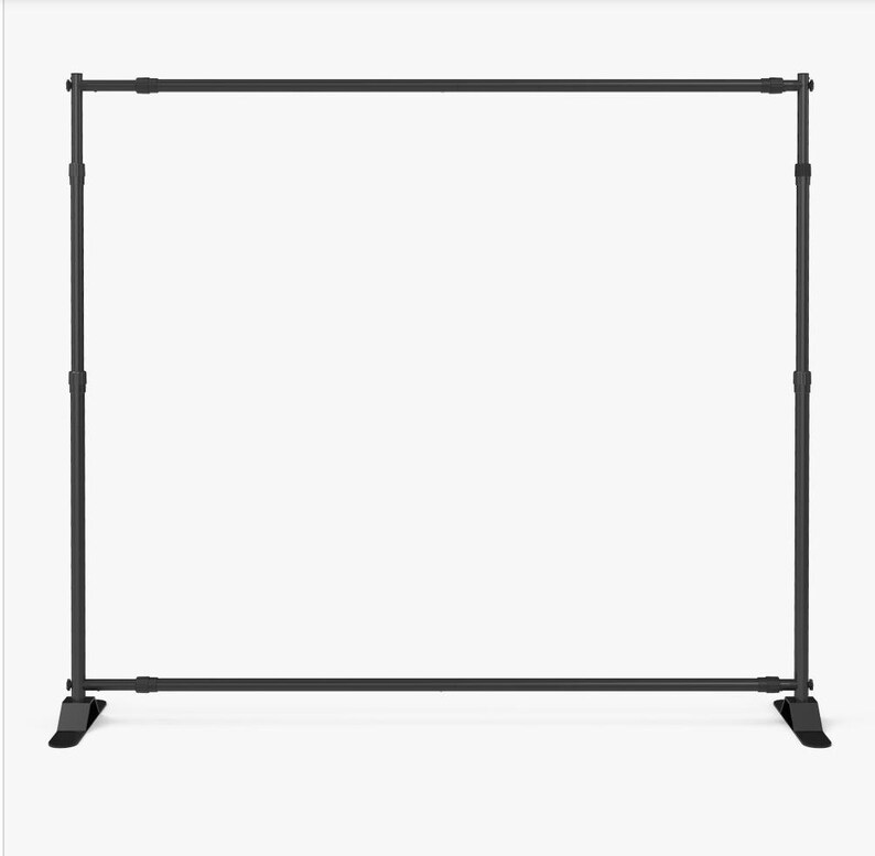 May include: A black adjustable backdrop stand featuring a rectangular frame design. The structure consists of two vertical poles with telescopic sections and two horizontal crossbars, all supported by two flat, wide, black metal base feet.