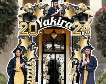 May include: A graduation archway with the name "Yakira" and the year "2024" in gold and black. The arch features star and balloon decorations, and images of a graduate in a cap and gown. The word "Congrats" is also visible.