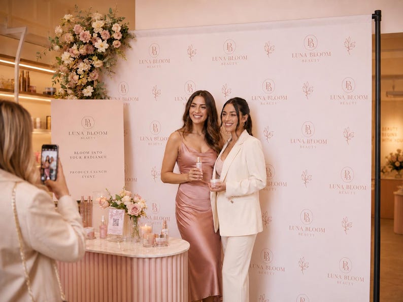 May include: A promotional event backdrop featuring the repeating Luna Bloom Beauty logo and floral illustrations in rose gold. Two individuals stand in front of the banner, one in a satin pink midi dress and one in a cream-colored blazer and trousers.