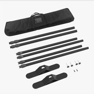 May include: A black banner stand kit including a carrying bag, four long metal poles with adjustable connectors, two flat metal base plates with central holes, and a set of small hardware components including four knobs and two screws.