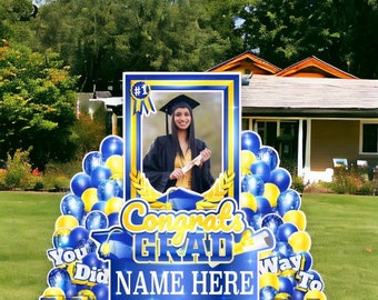 Personalized Grad Photo Op: Blue & Yellow EZ Fold Grad Party Lawn Decorations, Large Yard Greeting Sign Sets,Yard Card Business Supplier