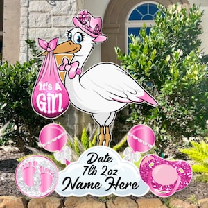 Enseigne de jardin bébé cigogne, faire-part de naissance personnalisé pour fille, enseigne de jardin de bébé, enseignes de pelouse, décoration bébé rose, faire-part de bébé