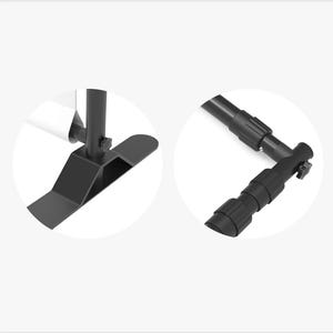May include: A black metal banner stand featuring a flat, wide base for stability and a vertical pole with a tightening knob. The second view shows a telescopic pole section with ridged adjustment collars and a corner connector piece.