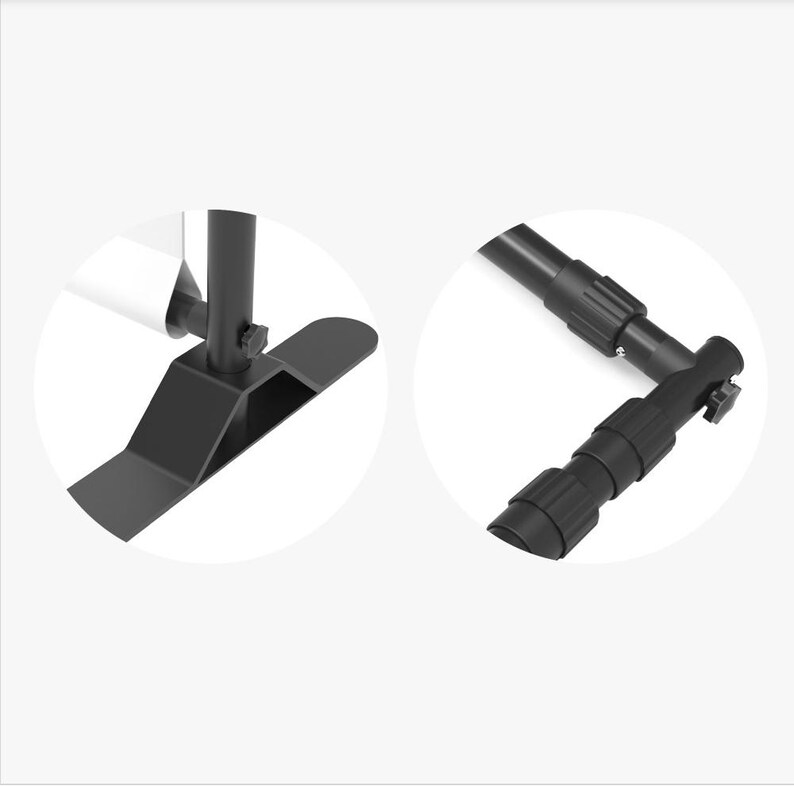 May include: A black metal banner stand featuring a flat, wide base for stability and a vertical pole with a tightening knob. The second view shows a telescopic pole section with ridged adjustment collars and a corner connector piece.