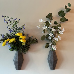 Home Decor Wall Vases - Wall Pots - Stone Textured with Artificial Plants and Velcro Hanging Strips Included