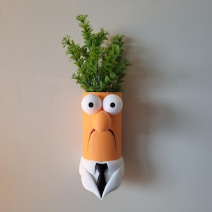 May include: A wall-mounted planter shaped like a cartoon character with a white lab coat, orange skin, and a green plant growing out of the top of its head.