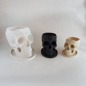 May include: Three skull-shaped planters, one white, one black, and one beige, with a round base. The planters are made of a smooth, matte material.