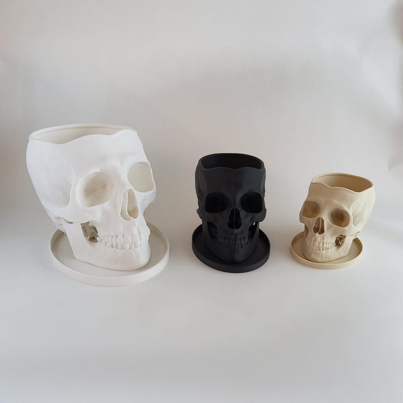 May include: Three skull-shaped planters, one white, one black, and one beige, with a round base. The planters are made of a smooth, matte material.