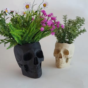 May include: Two skull-shaped planters, one black and one white, with green and pink flowers growing out of them.