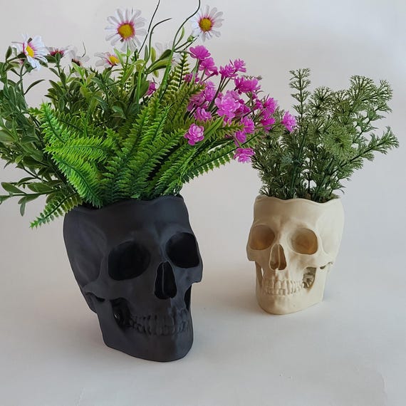 Skull Planter with Drainage & Saucer - 4 Sizes, 14 Colors, Unique Macabre Home Decor