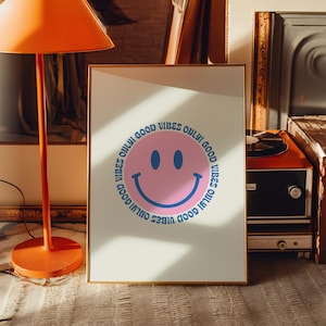 Impresión retro con cara sonriente de Good Vibes Only / Decoración de pared para el hogar, la cocina y la sala de estar