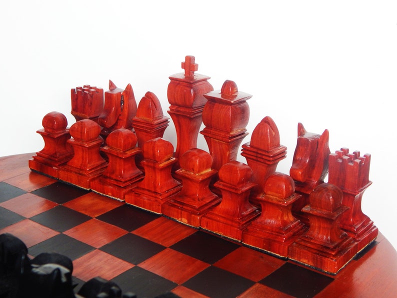 Exotic Wood Chess Set, Hand Cut Pieces, Round Table With Painted Chess