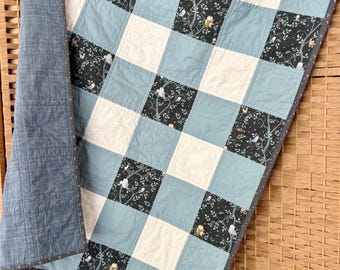 Precut Baby Quilt Kit - Sit and Sew Gingham Quilt, Beginner Friendly Sewing Project with Binding, Small or Medium - Boy Owls and Stars Blue