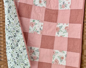 Precut Baby Quilt Kit - Sit and Sew Gingham Quilt, Beginner Friendly Sewing Project with Binding, Small or Medium - Girl Pink Floral