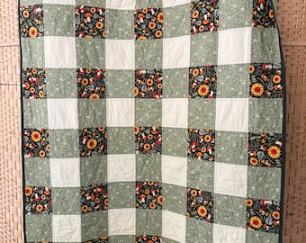 Precut Fall Quilt Kit – Sit and Sew Gingham Throw, Beginner Friendly Quilting Project with Binding. Sage Green Fall Mushrooms & Sunflowers
