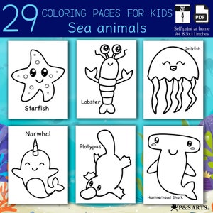 May include: A set of 29 printable coloring pages featuring cute sea animals, including a starfish, lobster, jellyfish, narwhal, platypus, and hammerhead shark. The pages are designed for kids and are perfect for a fun and educational activity.