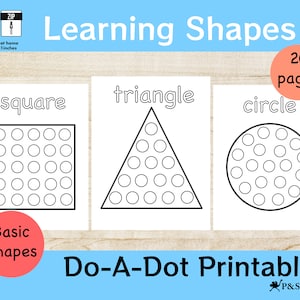 Può includere: Un foglio di lavoro stampabile per i bambini per imparare le forme di base. Il foglio di lavoro presenta un quadrato, un triangolo e un cerchio, ognuno riempito con una griglia di cerchi per attività di punto a punto. Il titolo "Learning Shapes" e "Do-A-Dot Printable" sono in alto e in basso sulla pagina.
