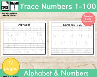 Trace Numbers 1-100 Preschool Printable, Kindergarten Worksheets, Handwriting Practice, Learning the numbers and Alphabet.