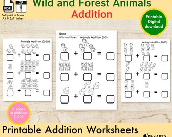 Kindergarten Math Worksheets, Wild and Forest Animals Addition, Numbers (1-10) Preschool - 1st Grade, Homeschool Learning.
