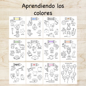 May include: A printable worksheet for learning Spanish colors. The worksheet features 10 different colors with a variety of objects in each color. The colors are yellow, blue, white, brown, green, gray, purple, orange, black, red, and pink. Each color has a Spanish word for the color and a list of objects in that color.