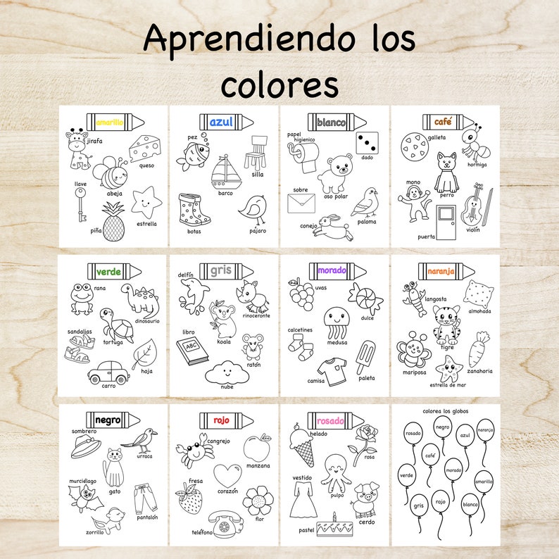 May include: A printable worksheet for learning Spanish colors. The worksheet features 10 different colors with a variety of objects in each color. The colors are yellow, blue, white, brown, green, gray, purple, orange, black, red, and pink. Each color has a Spanish word for the color and a list of objects in that color.