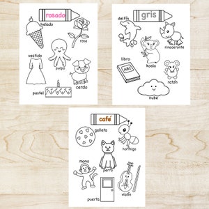 May include: A set of three printable coloring pages featuring various objects and animals. The first page is labeled "rosado" and features a pink ice cream cone, a pink octopus, a pink rose, a pink dress, a pink cake, and a pink pig. The second page is labeled "gris" and features a gray dolphin, a gray koala, a gray rhinoceros, a gray book, a gray cloud, and a gray mouse. The third page is labeled "caf&eacute;" and features a brown cookie, a brown ant, a brown dog, a brown monkey, a brown door, and a brown violin.