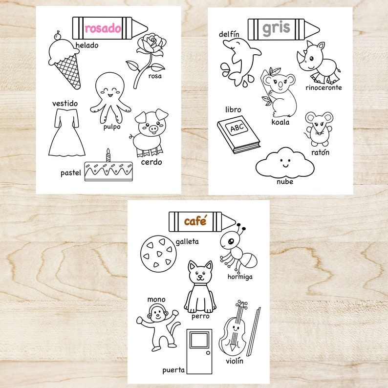 May include: A set of three printable coloring pages featuring various objects and animals. The first page is labeled "rosado" and features a pink ice cream cone, a pink octopus, a pink rose, a pink dress, a pink cake, and a pink pig. The second page is labeled "gris" and features a gray dolphin, a gray koala, a gray rhinoceros, a gray book, a gray cloud, and a gray mouse. The third page is labeled "caf&eacute;" and features a brown cookie, a brown ant, a brown dog, a brown monkey, a brown door, and a brown violin.