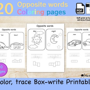 May include: A printable educational resource featuring 20 opposite words coloring pages. Each page displays a pair of opposite words with corresponding illustrations, such as "tall" and "short." Includes tracing and box-write activities. Self-print at home.