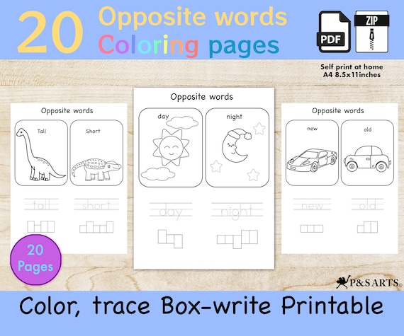 learning opposite words worksheets printable cute coloring etsy