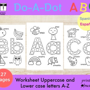May include: A printable worksheet for kids to learn the alphabet in English and Spanish. The worksheet features uppercase letters A, B, and C with dot-to-dot activities. Each letter is surrounded by illustrations of objects that start with that letter, such as a whale for B, a bee for A, and a chameleon for C. The worksheet also includes the Spanish words for each object.