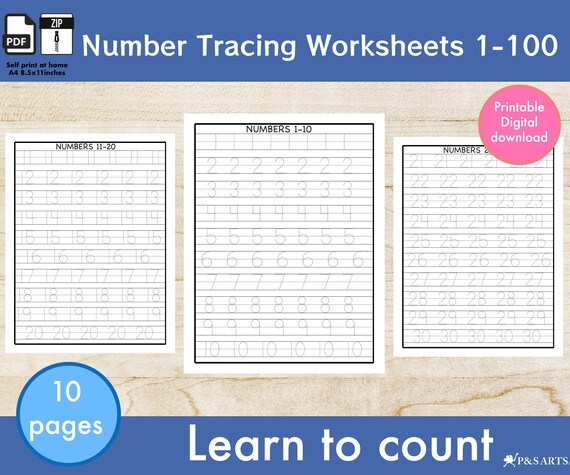 number tracing worksheets 1 100 preschool printable etsy