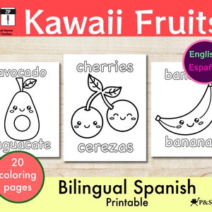 Kawaii Fruits, Cute Fruits, Learning Spanish for Kids, Spanish Coloring Pages
